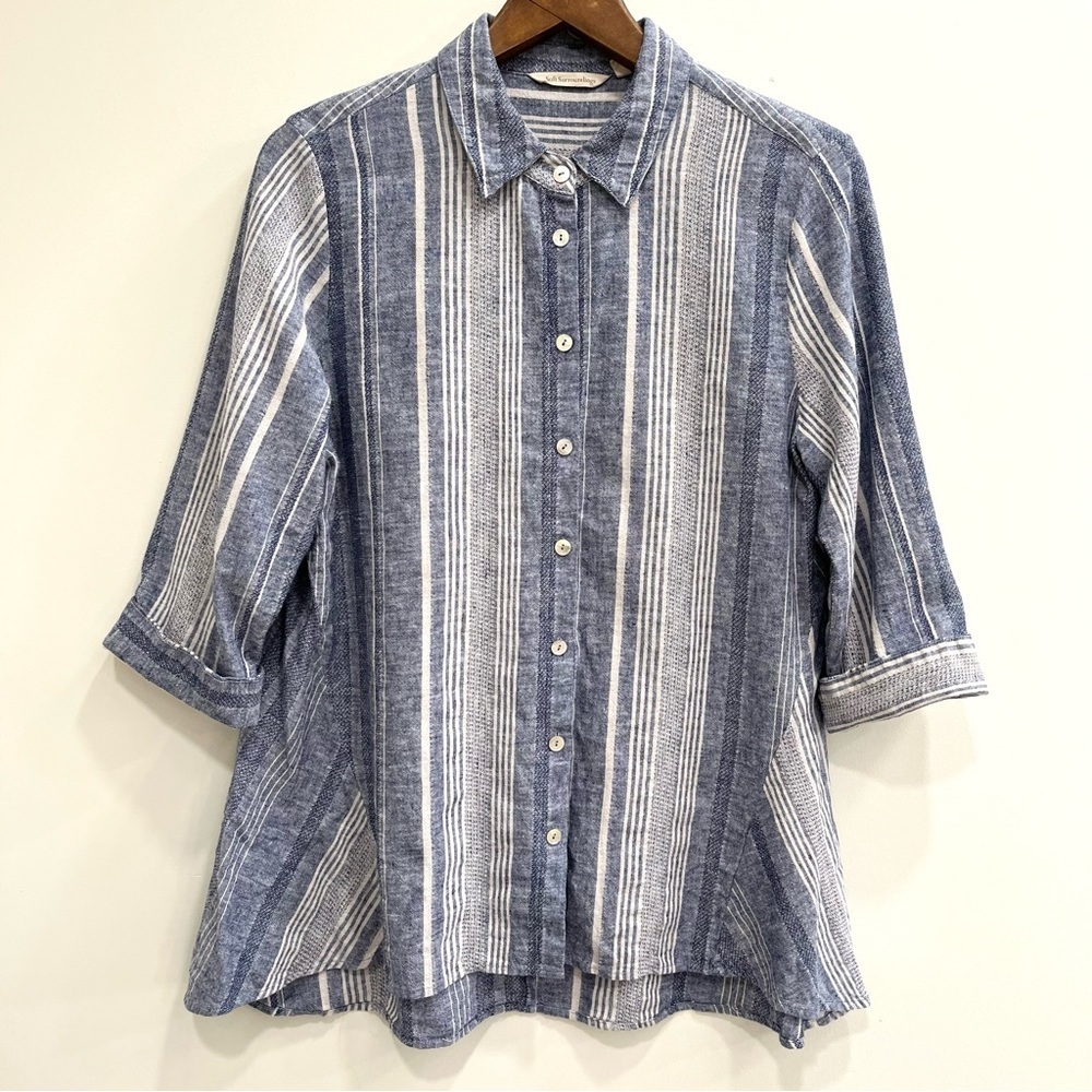 Soft Surroundings Striped Button Down Tunic Top Linen Cotton Blend Size Large